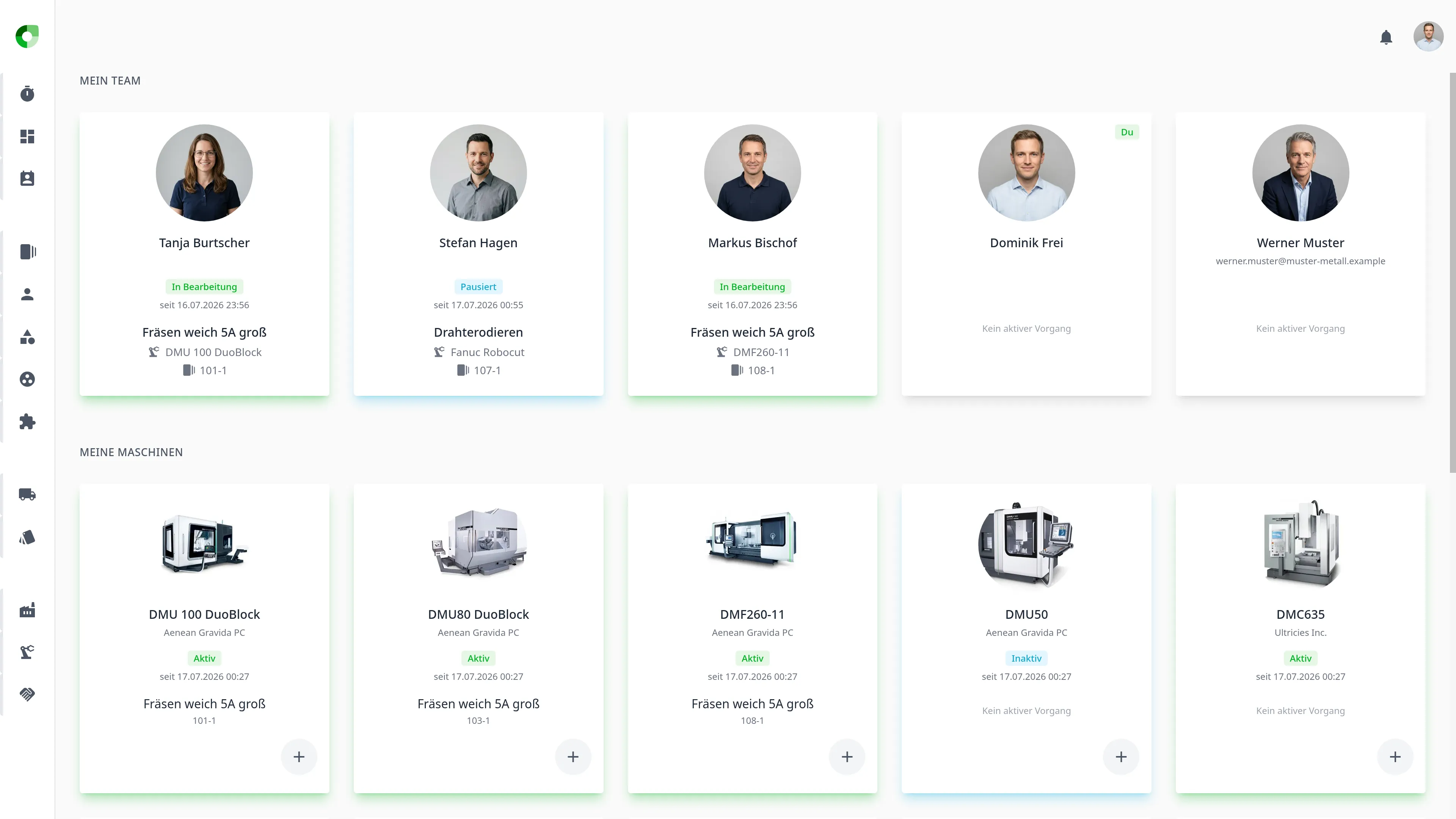 KTX Dashboard mit Team- und Maschinenübersicht